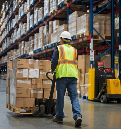 Warehouse worker in a safety vest moving a loaded pallet jack between storage racks